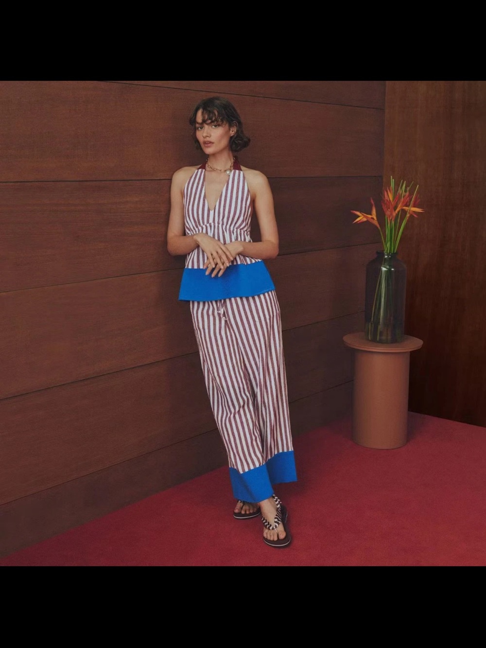BNWT Women's Striped Drawstring Wide Leg Pants - Rosie Assoulin Burgundy/Blue